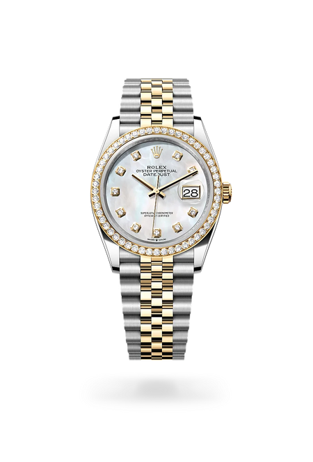 Rolex Datejust 36 in Yellow Rolesor - combination of Oystersteel and yellow gold with a White mother-of-pearl set with diamonds dial, Diamond-set bezel, Jubilee, five-piece links bracelet