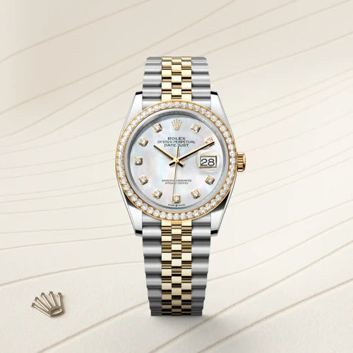 Rolex Datejust 36 in Yellow Rolesor - combination of Oystersteel and yellow gold with a White mother-of-pearl set with diamonds dial, Diamond-set bezel, Jubilee, five-piece links bracelet