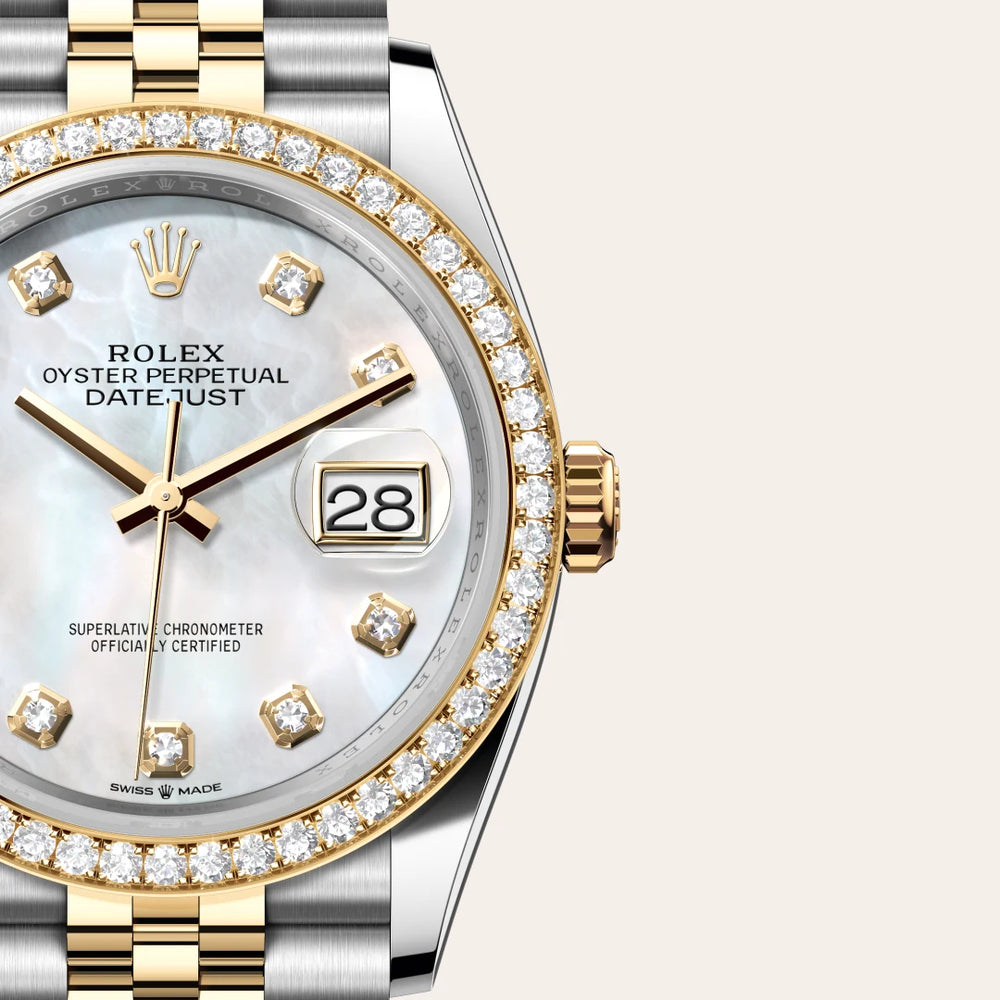 Rolex Datejust 36 in Yellow Rolesor - combination of Oystersteel and yellow gold with a White mother-of-pearl set with diamonds dial, Diamond-set bezel, Jubilee, five-piece links bracelet