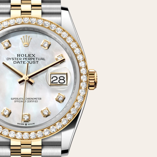 Rolex Datejust 36 in Yellow Rolesor - combination of Oystersteel and yellow gold with a White mother-of-pearl set with diamonds dial, Diamond-set bezel, Jubilee, five-piece links bracelet