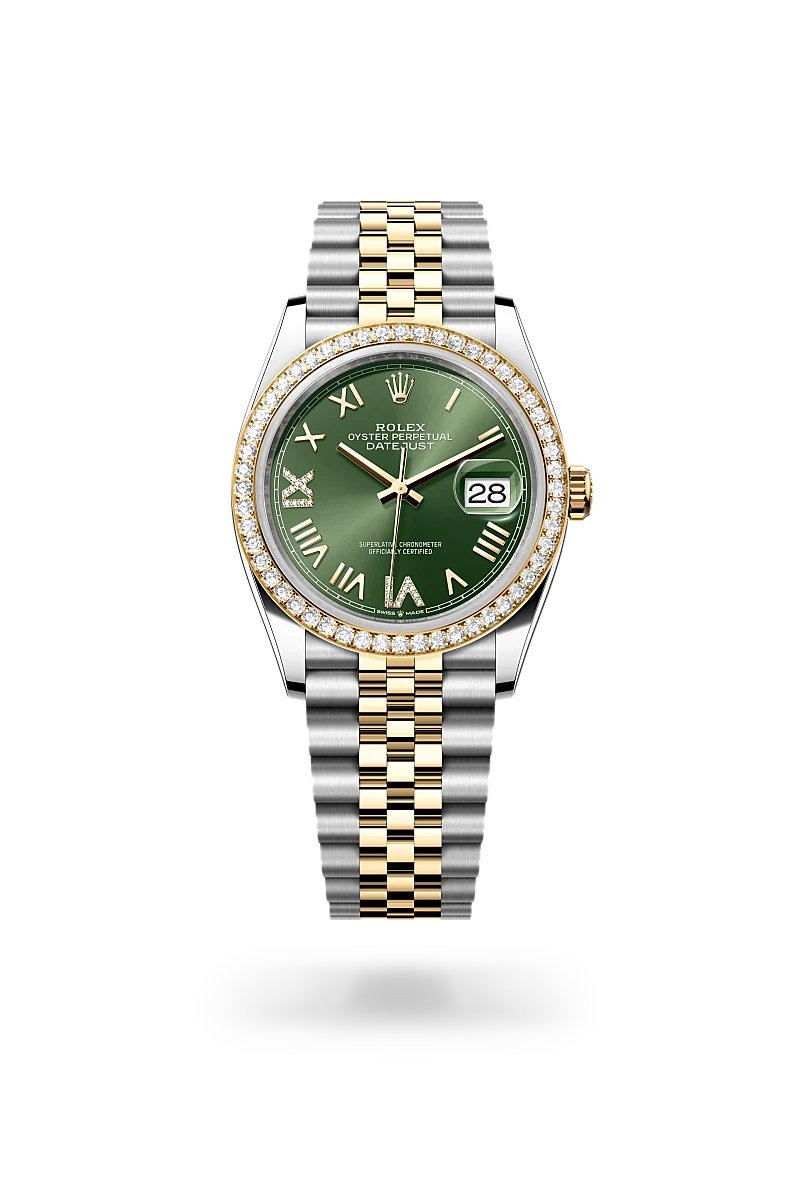 Rolex Datejust 36 in Yellow Rolesor - combination of Oystersteel and yellow gold with a Olive green set with diamonds dial, Diamond-set bezel, Jubilee, five-piece links bracelet