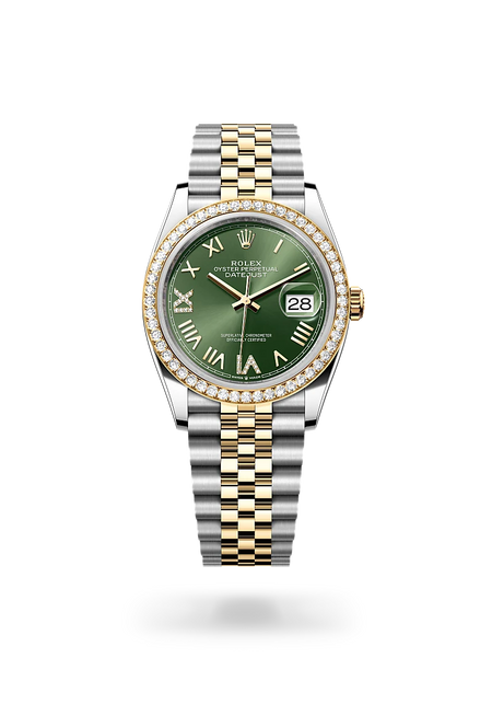 Rolex Datejust 36 in Yellow Rolesor - combination of Oystersteel and yellow gold with a Olive green set with diamonds dial, Diamond-set bezel, Jubilee, five-piece links bracelet
