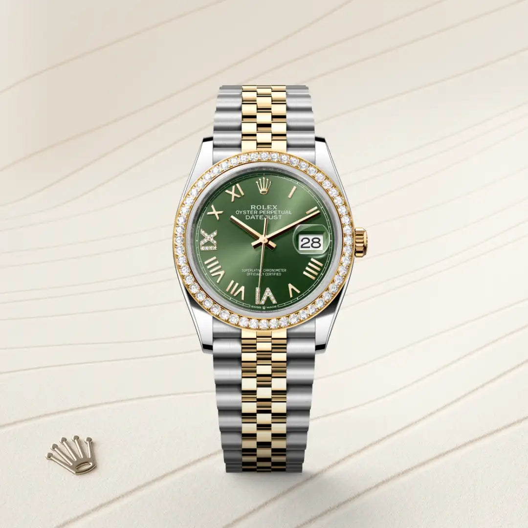 Rolex Datejust 36 in Yellow Rolesor - combination of Oystersteel and yellow gold with a Olive green set with diamonds dial, Diamond-set bezel, Jubilee, five-piece links bracelet