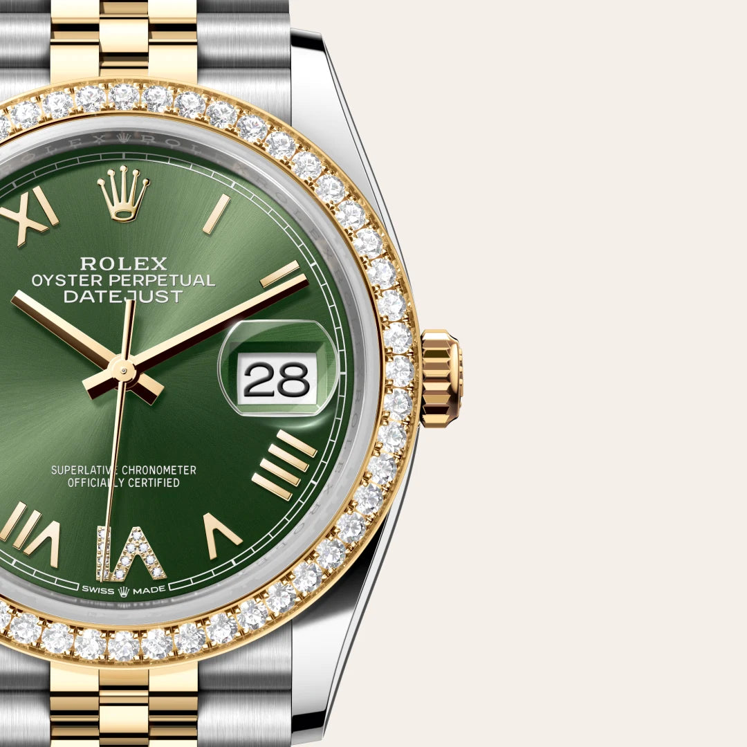 Rolex Datejust 36 in Yellow Rolesor - combination of Oystersteel and yellow gold with a Olive green set with diamonds dial, Diamond-set bezel, Jubilee, five-piece links bracelet