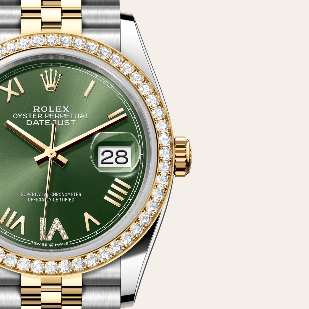 Rolex Datejust 36 in Yellow Rolesor - combination of Oystersteel and yellow gold with a Olive green set with diamonds dial, Diamond-set bezel, Jubilee, five-piece links bracelet