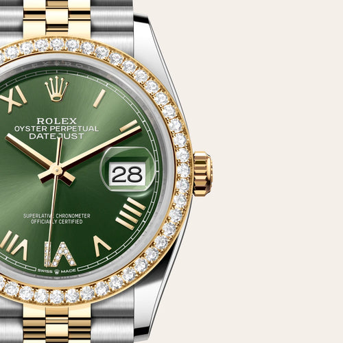 Rolex Datejust 36 in Yellow Rolesor - combination of Oystersteel and yellow gold with a Olive green set with diamonds dial, Diamond-set bezel, Jubilee, five-piece links bracelet