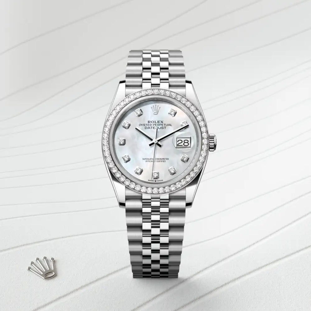 Rolex Datejust 36 in White Rolesor - combination of Oystersteel and white gold with a White mother-of-pearl set with diamonds dial, Diamond-set bezel, Jubilee, five-piece links bracelet