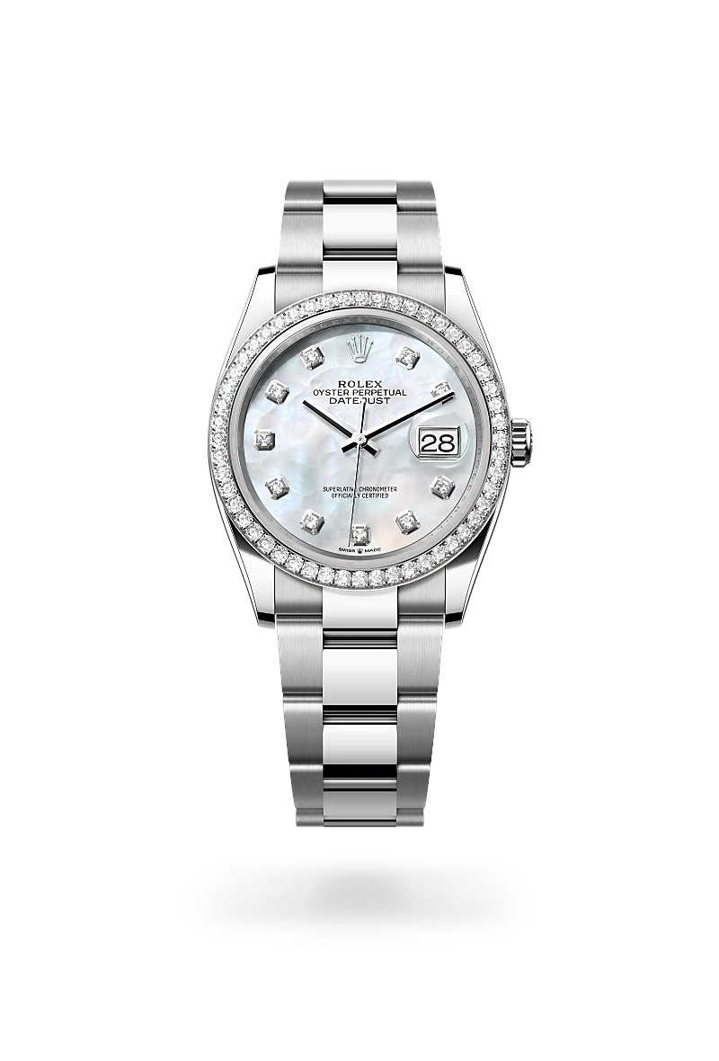 Rolex Datejust 36 in White Rolesor - combination of Oystersteel and white gold with a White mother-of-pearl set with diamonds dial, Set with diamonds bezel, Oyster, three-piece solid links bracelet