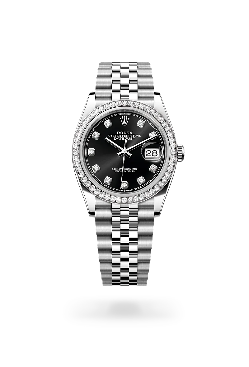 Rolex Datejust 36 in White Rolesor - combination of Oystersteel and white gold with a Bright black set with diamonds dial, Diamond-set bezel, Jubilee, five-piece links bracelet