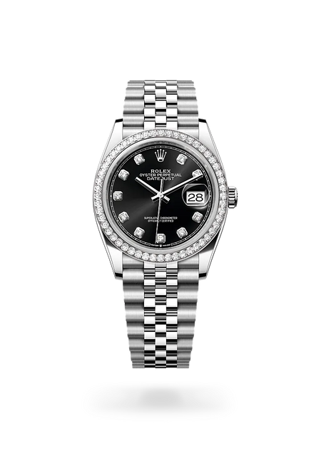 Rolex Datejust 36 in White Rolesor - combination of Oystersteel and white gold with a Bright black set with diamonds dial, Diamond-set bezel, Jubilee, five-piece links bracelet