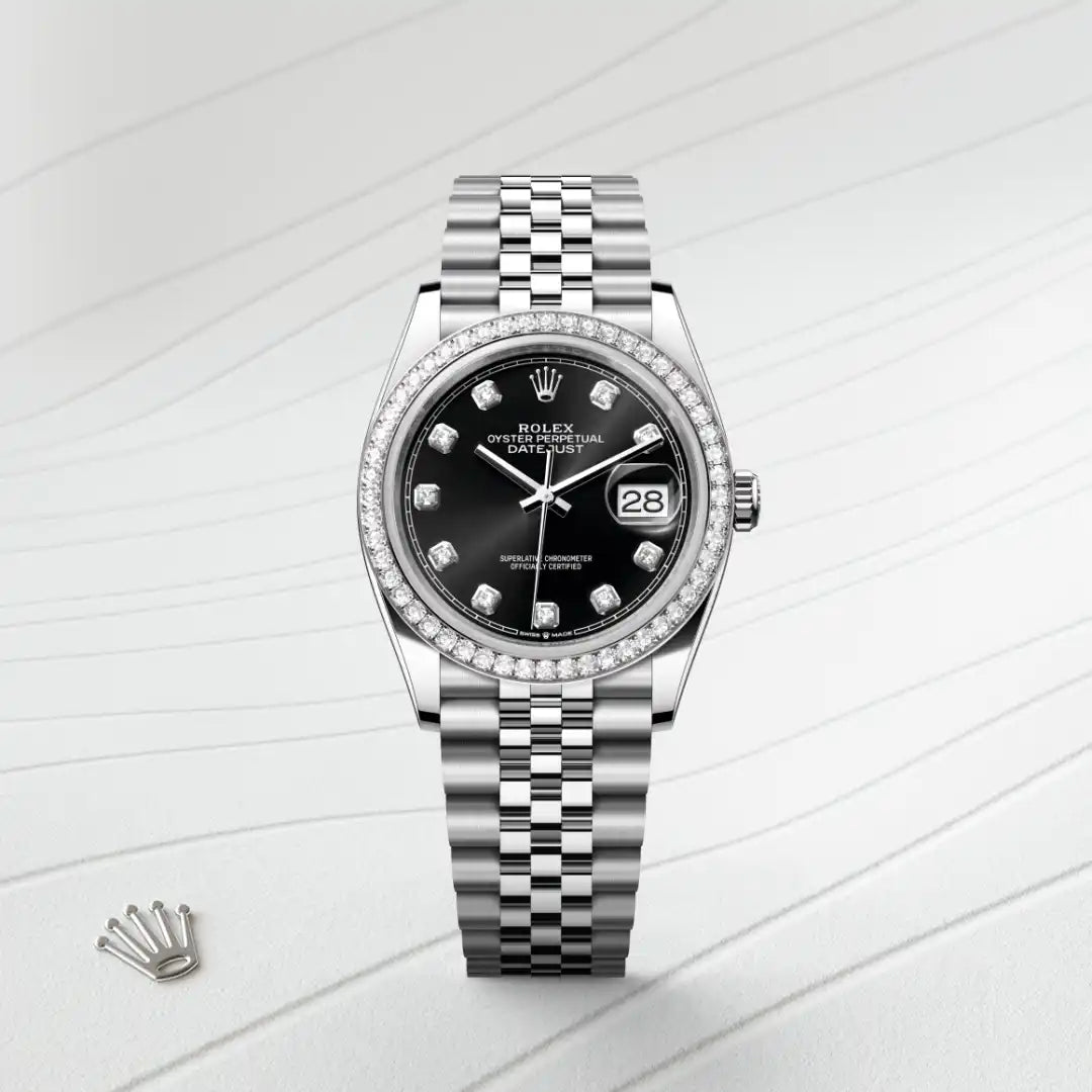Rolex Datejust 36 in White Rolesor - combination of Oystersteel and white gold with a Bright black set with diamonds dial, Diamond-set bezel, Jubilee, five-piece links bracelet