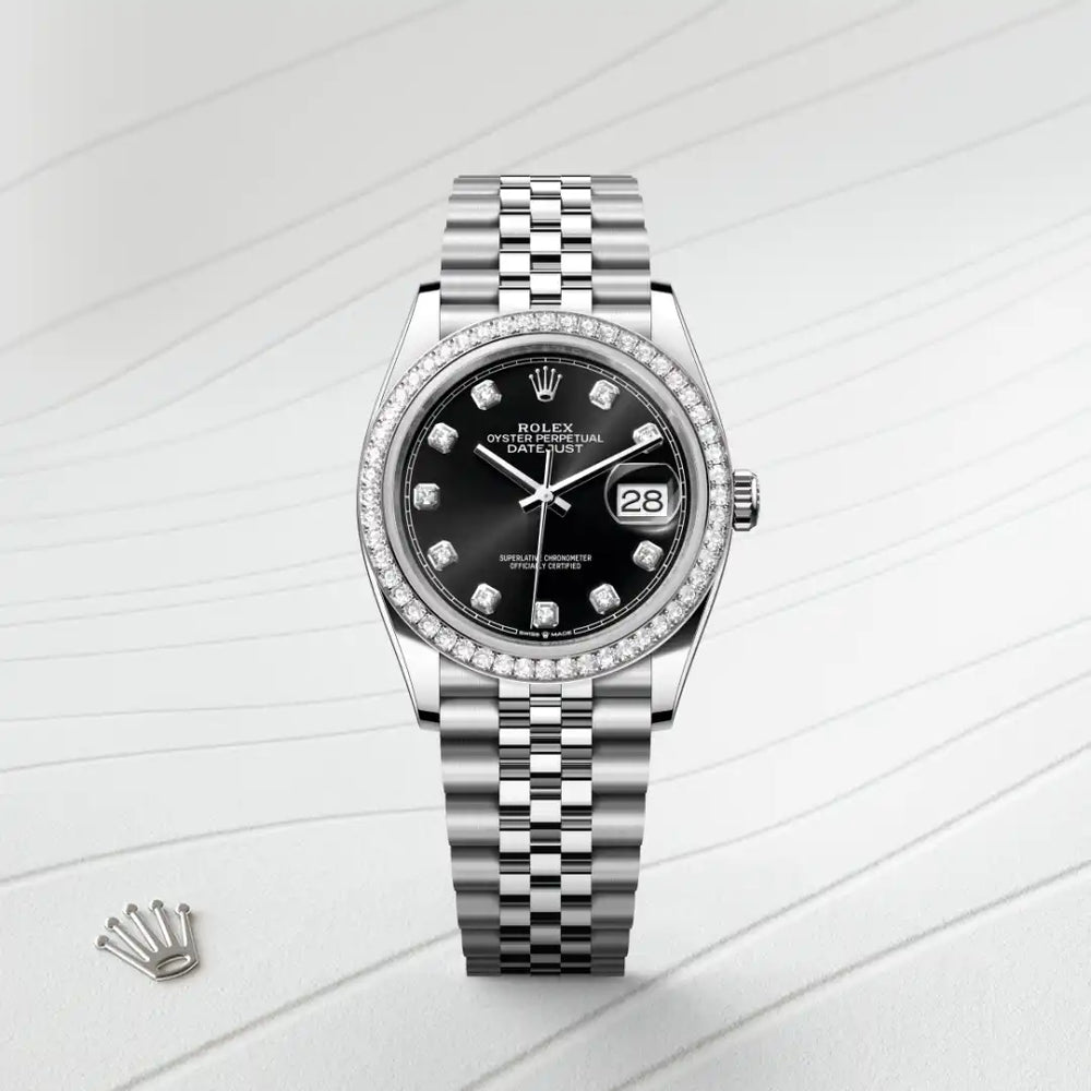 Rolex Datejust 36 in White Rolesor - combination of Oystersteel and white gold with a Bright black set with diamonds dial, Diamond-set bezel, Jubilee, five-piece links bracelet