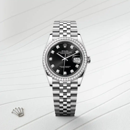 Rolex Datejust 36 in White Rolesor - combination of Oystersteel and white gold with a Bright black set with diamonds dial, Diamond-set bezel, Jubilee, five-piece links bracelet