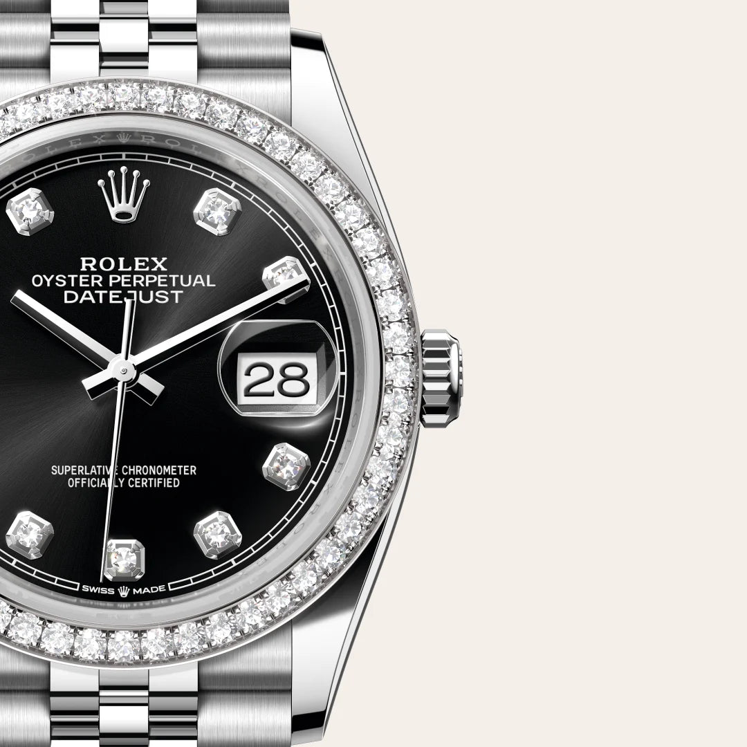 Rolex Datejust 36 in White Rolesor - combination of Oystersteel and white gold with a Bright black set with diamonds dial, Diamond-set bezel, Jubilee, five-piece links bracelet