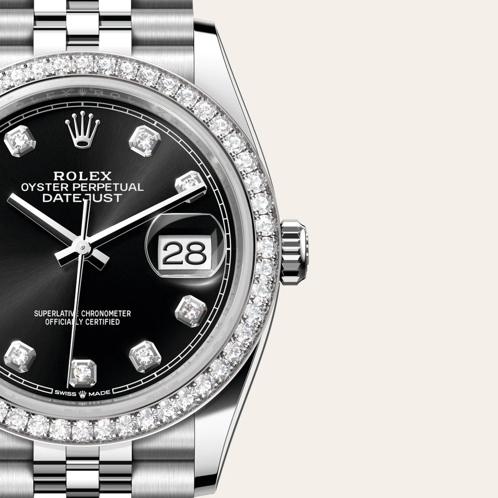 Rolex Datejust 36 in White Rolesor - combination of Oystersteel and white gold with a Bright black set with diamonds dial, Diamond-set bezel, Jubilee, five-piece links bracelet