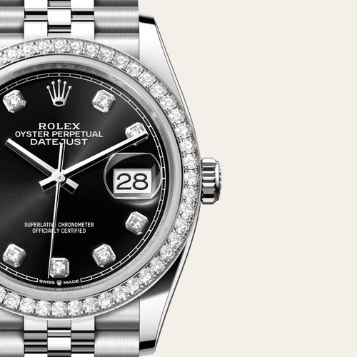 Rolex Datejust 36 in White Rolesor - combination of Oystersteel and white gold with a Bright black set with diamonds dial, Diamond-set bezel, Jubilee, five-piece links bracelet