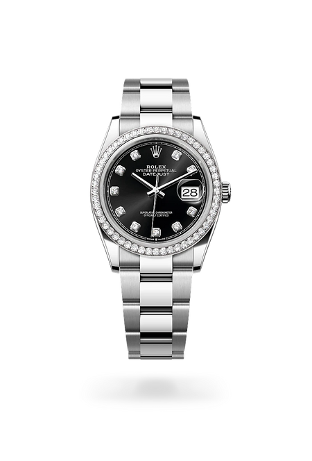 Rolex Datejust 36 in White Rolesor - combination of Oystersteel and white gold with a Bright black set with diamonds dial, Diamond-set bezel, Oyster, three-piece solid links bracelet
