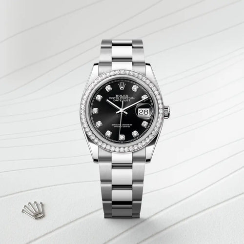Rolex Datejust 36 in White Rolesor - combination of Oystersteel and white gold with a Bright black set with diamonds dial, Diamond-set bezel, Oyster, three-piece solid links bracelet
