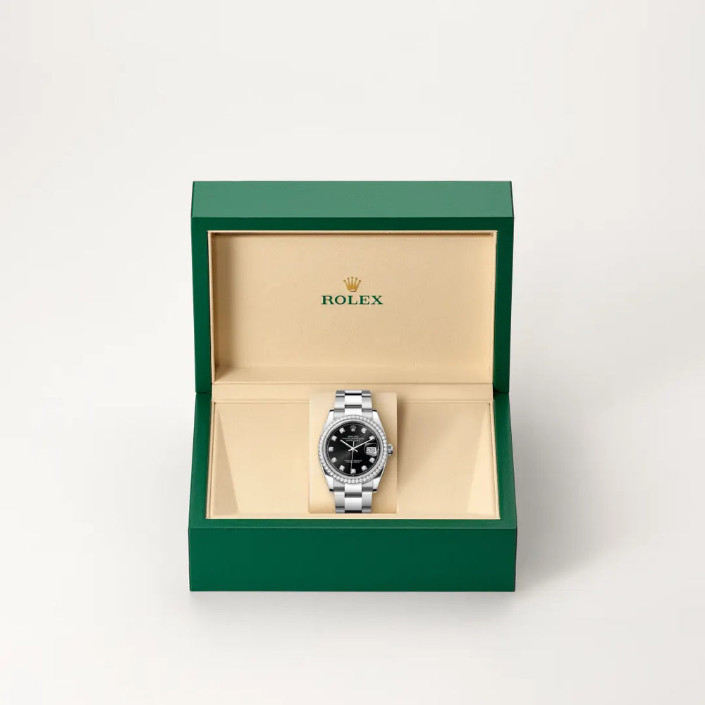 Rolex Datejust 36 in White Rolesor - combination of Oystersteel and white gold with a Bright black set with diamonds dial, Diamond-set bezel, Oyster, three-piece solid links bracelet