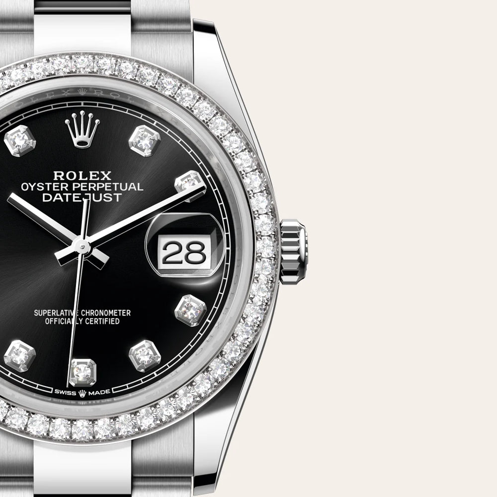 Rolex Datejust 36 in White Rolesor - combination of Oystersteel and white gold with a Bright black set with diamonds dial, Diamond-set bezel, Oyster, three-piece solid links bracelet