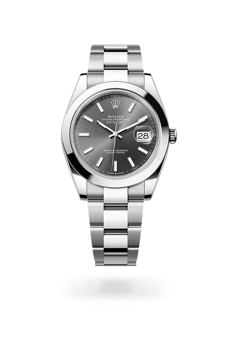 Rolex Datejust 41 in Oystersteel with a Slate dial, Smooth bezel, Oyster, three-piece solid links bracelet