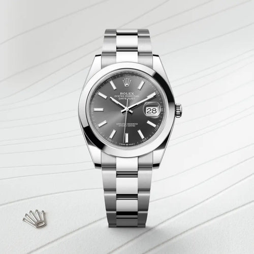 Rolex Datejust 41 in Oystersteel with a Slate dial, Smooth bezel, Oyster, three-piece solid links bracelet