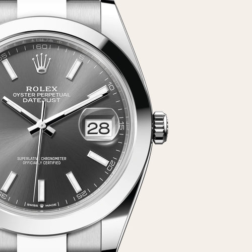 Rolex Datejust 41 in Oystersteel with a Slate dial, Smooth bezel, Oyster, three-piece solid links bracelet