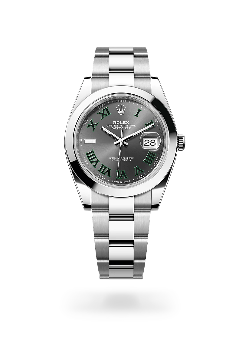 Rolex Datejust 41 in Oystersteel with a Slate dial, Smooth bezel, Oyster, three-piece solid links bracelet