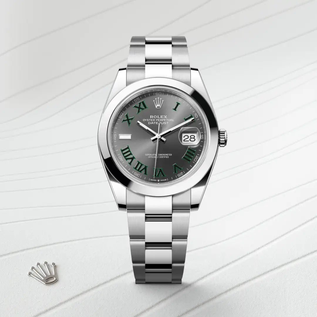 Rolex Datejust 41 in Oystersteel with a Slate dial, Smooth bezel, Oyster, three-piece solid links bracelet