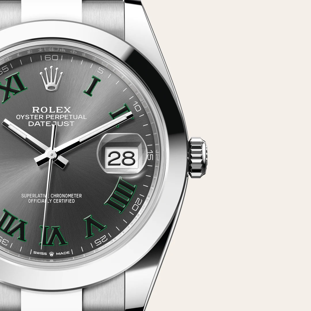 Rolex Datejust 41 in Oystersteel with a Slate dial, Smooth bezel, Oyster, three-piece solid links bracelet