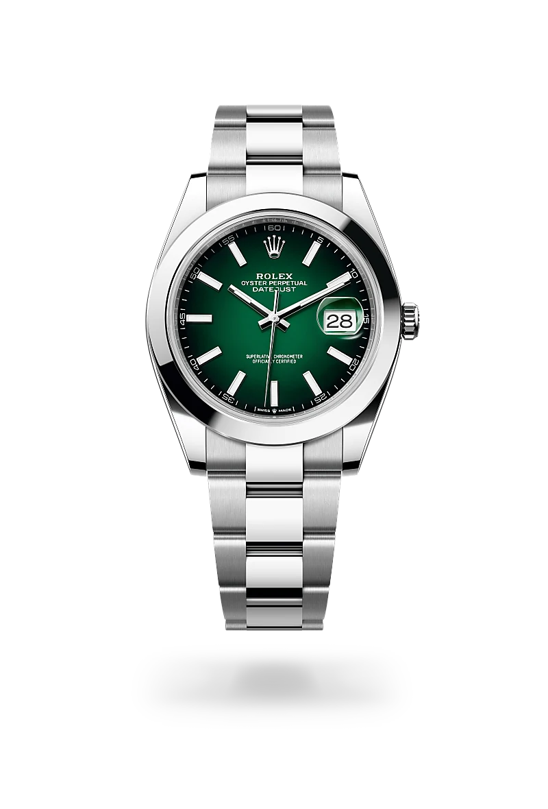 Rolex Datejust 41 in Oystersteel with a Green ombré dial, Smooth bezel, Oyster, three-piece solid links bracelet
