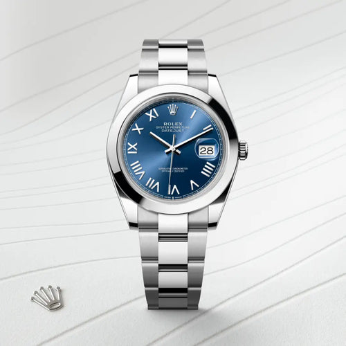 Rolex Datejust 41 in Oystersteel with a Bright blue dial, Smooth bezel, Oyster, three-piece solid links bracelet