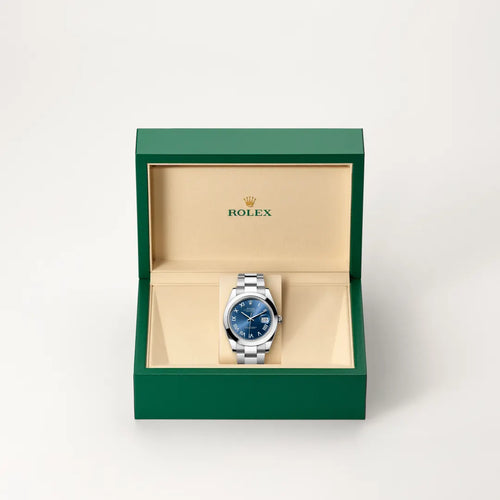 Rolex Datejust 41 in Oystersteel with a Bright blue dial, Smooth bezel, Oyster, three-piece solid links bracelet
