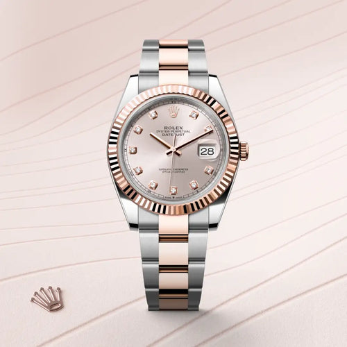 Rolex Datejust 41 in Everose Rolesor - combination of Oystersteel and Everose gold with a Sundust set with diamonds dial, Fluted bezel, Oyster, three-piece solid links bracelet