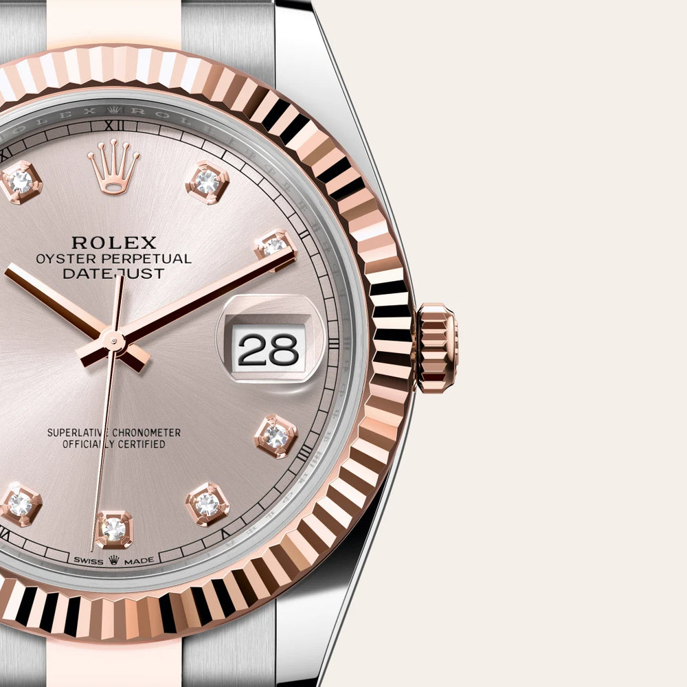 Rolex Datejust 41 in Everose Rolesor - combination of Oystersteel and Everose gold with a Sundust set with diamonds dial, Fluted bezel, Oyster, three-piece solid links bracelet