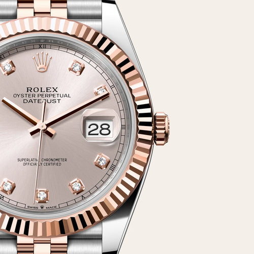 Rolex Datejust 41 in Everose Rolesor - combination of Oystersteel and Everose gold with a Sundust set with diamonds dial, Fluted bezel, Jubilee, five-piece links bracelet