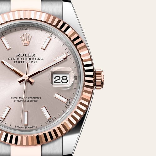Rolex Datejust 41 in Everose Rolesor - combination of Oystersteel and Everose gold with a Sundust dial, Fluted bezel, Oyster, three-piece solid links bracelet