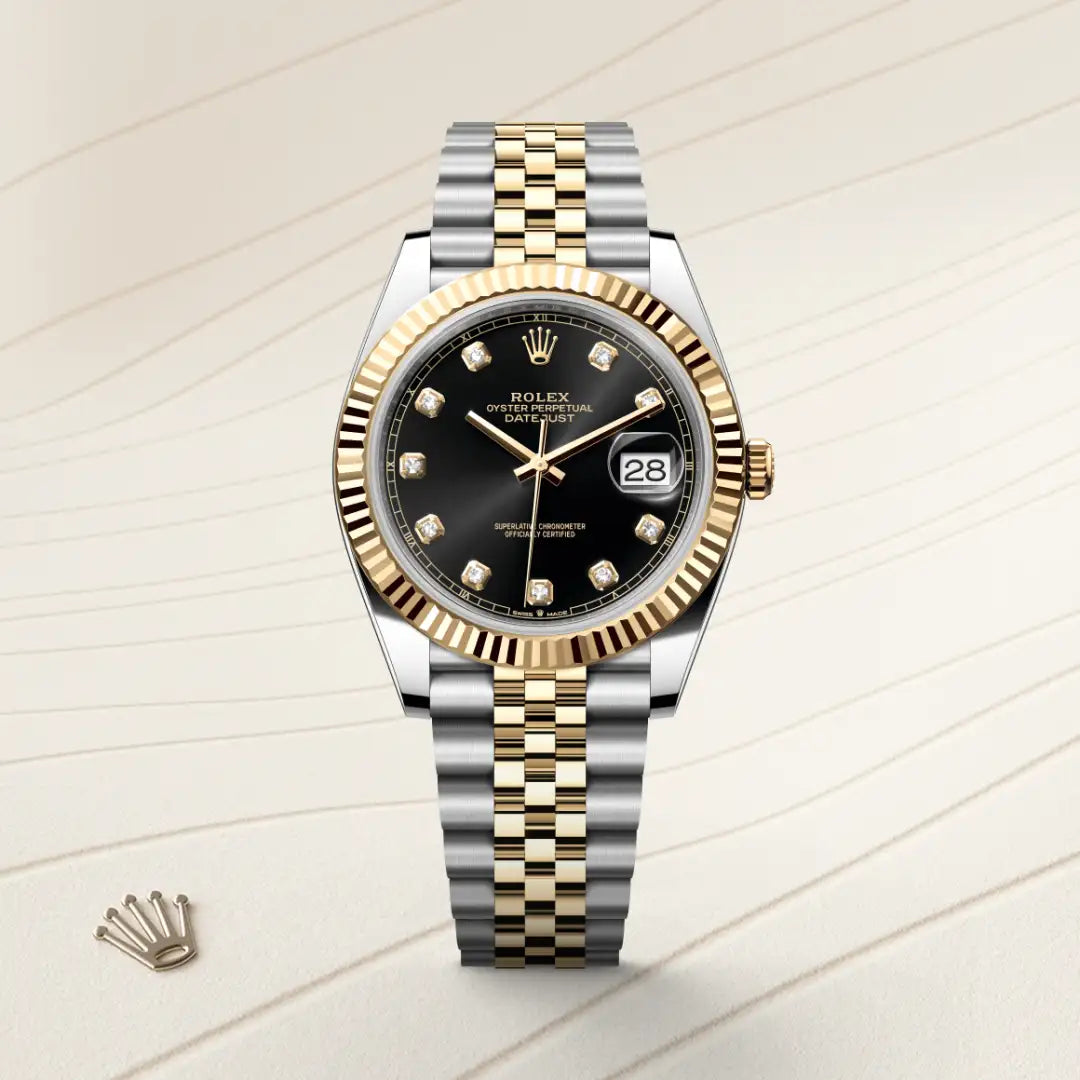 Rolex Datejust 41 in Yellow Rolesor - combination of Oystersteel and yellow gold with a Bright black set with diamonds dial, Fluted bezel, Jubilee, five-piece links bracelet