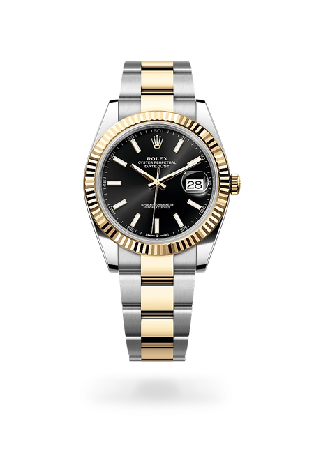 Rolex Datejust 41 in Yellow Rolesor - combination of Oystersteel and yellow gold with a Bright black dial, Fluted bezel, Oyster, three-piece solid links bracelet