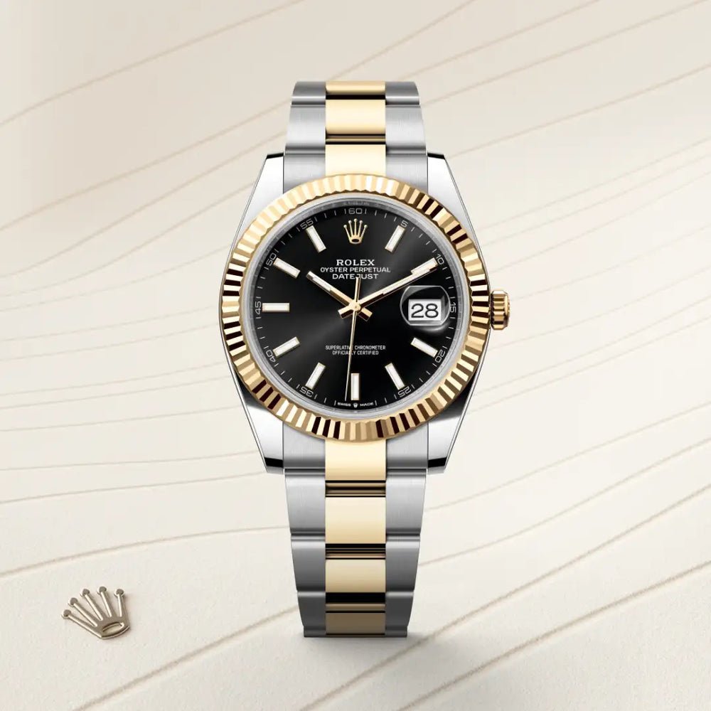 Rolex Datejust 41 in Yellow Rolesor - combination of Oystersteel and yellow gold with a Bright black dial, Fluted bezel, Oyster, three-piece solid links bracelet