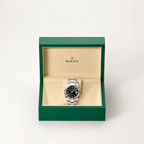 Rolex Datejust 41 in Yellow Rolesor - combination of Oystersteel and yellow gold with a Bright black dial, Fluted bezel, Oyster, three-piece solid links bracelet