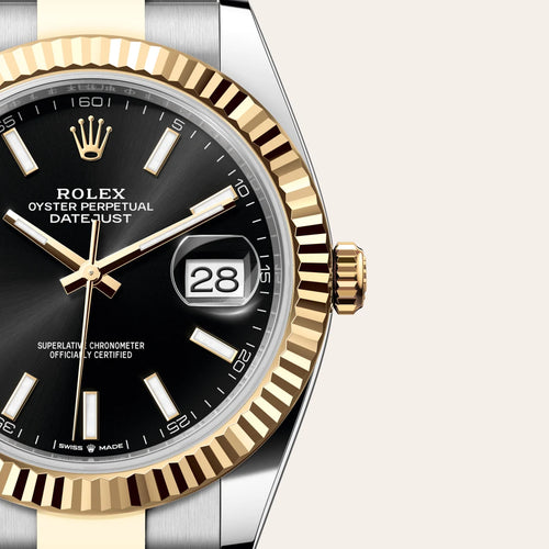 Rolex Datejust 41 in Yellow Rolesor - combination of Oystersteel and yellow gold with a Bright black dial, Fluted bezel, Oyster, three-piece solid links bracelet