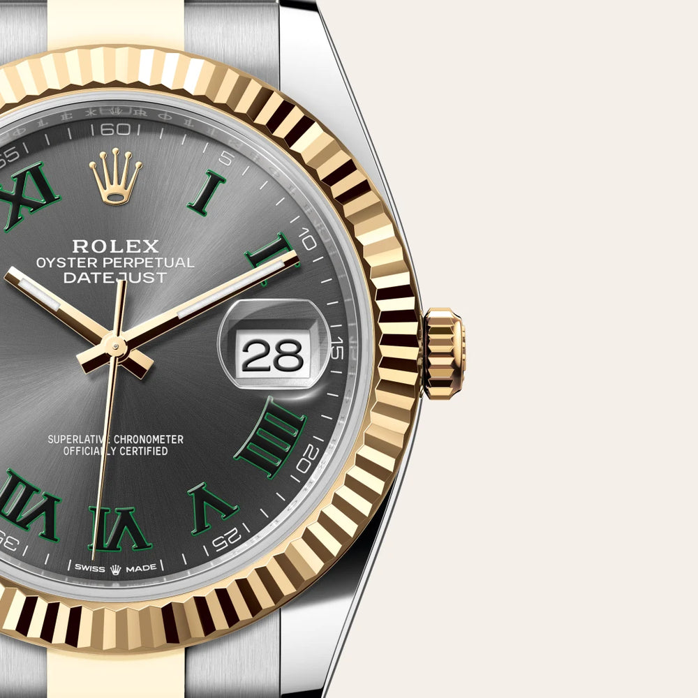 Rolex Datejust 41 in Yellow Rolesor - combination of Oystersteel and yellow gold with a Slate dial, Fluted bezel, Oyster, three-piece solid links bracelet