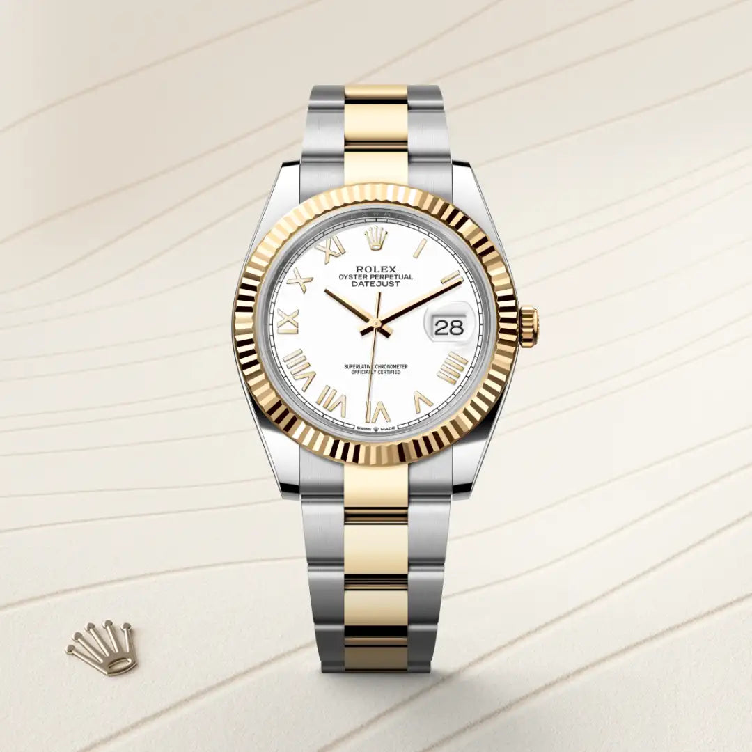 Rolex Datejust 41 in Yellow Rolesor - combination of Oystersteel and yellow gold with a White dial, Fluted bezel, Oyster, three-piece solid links bracelet