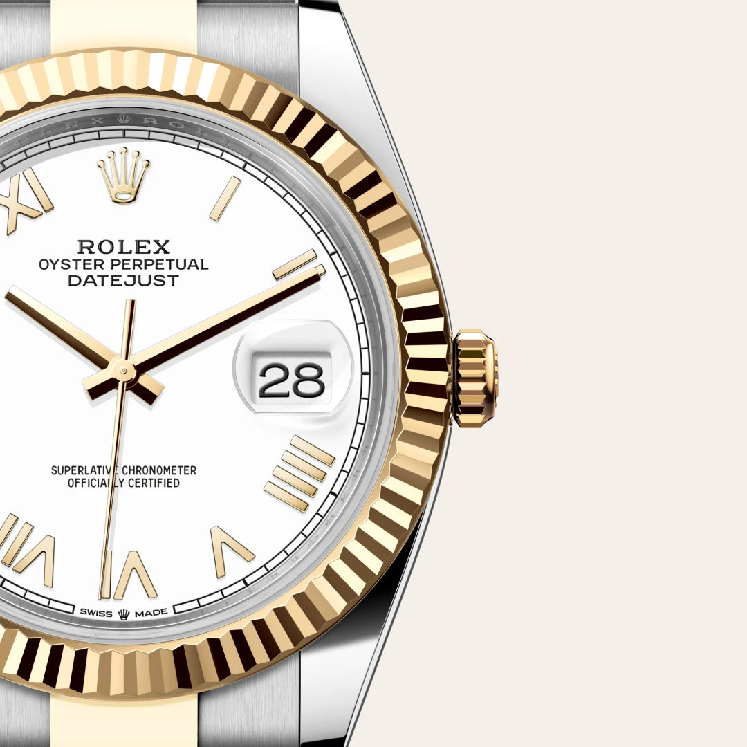 Rolex Datejust 41 in Yellow Rolesor - combination of Oystersteel and yellow gold with a White dial, Fluted bezel, Oyster, three-piece solid links bracelet