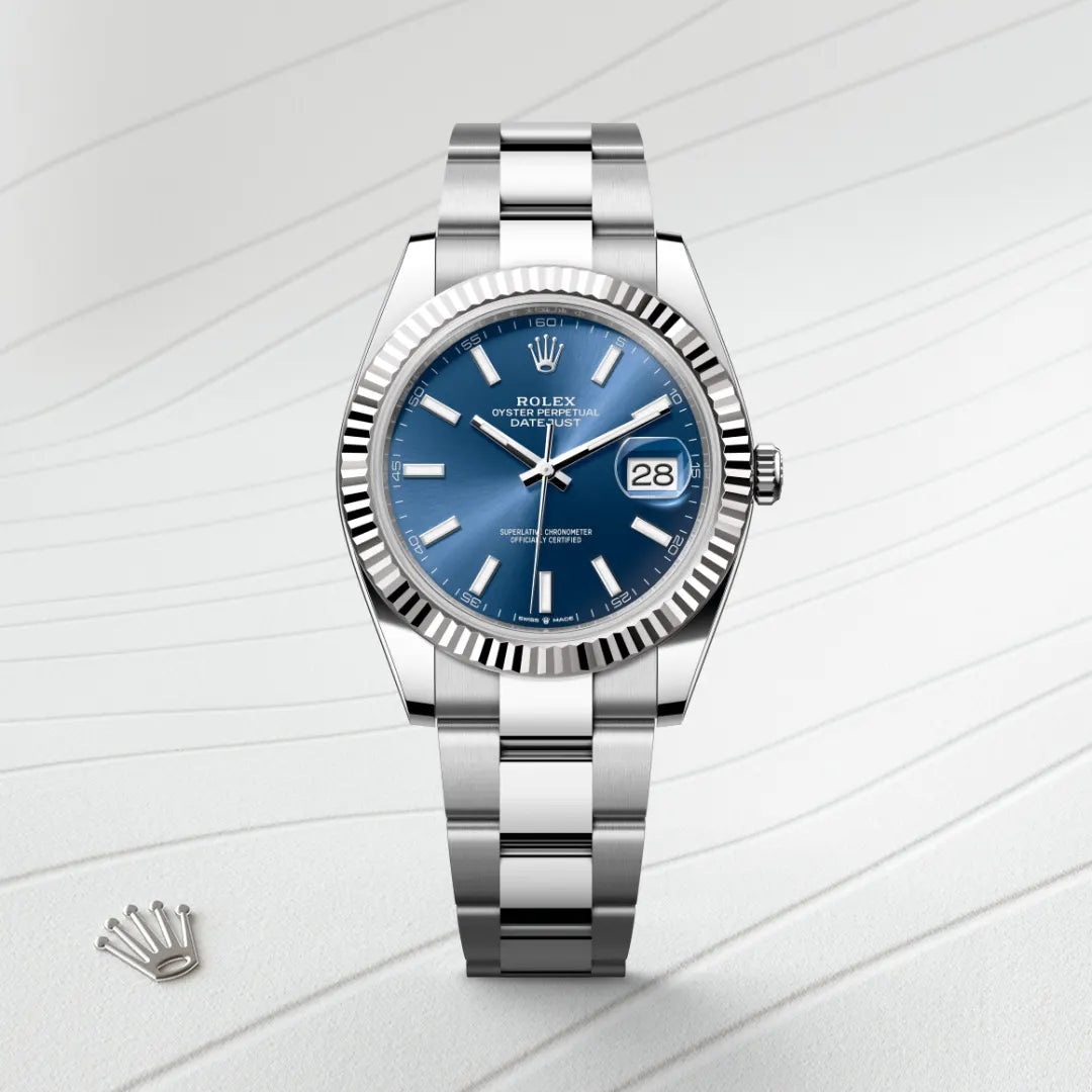 Rolex Datejust 41 in White Rolesor - combination of Oystersteel and white gold with a Bright blue dial, Fluted bezel, Oyster, three-piece solid links bracelet