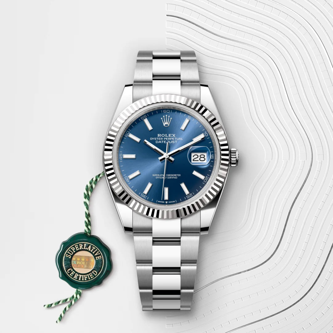Rolex Datejust 41 in White Rolesor - combination of Oystersteel and white gold with a Bright blue dial, Fluted bezel, Oyster, three-piece solid links bracelet
