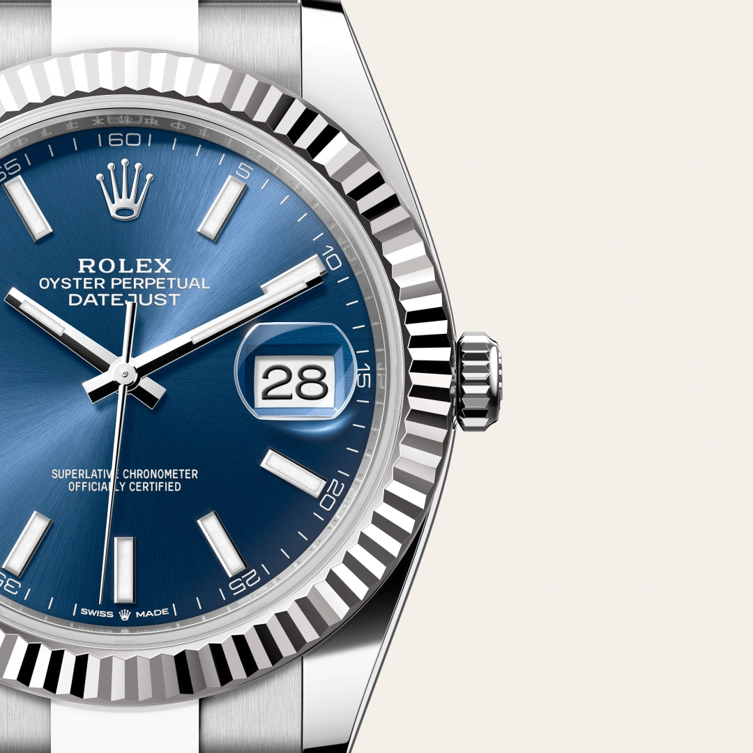 Rolex Datejust 41 in White Rolesor - combination of Oystersteel and white gold with a Bright blue dial, Fluted bezel, Oyster, three-piece solid links bracelet