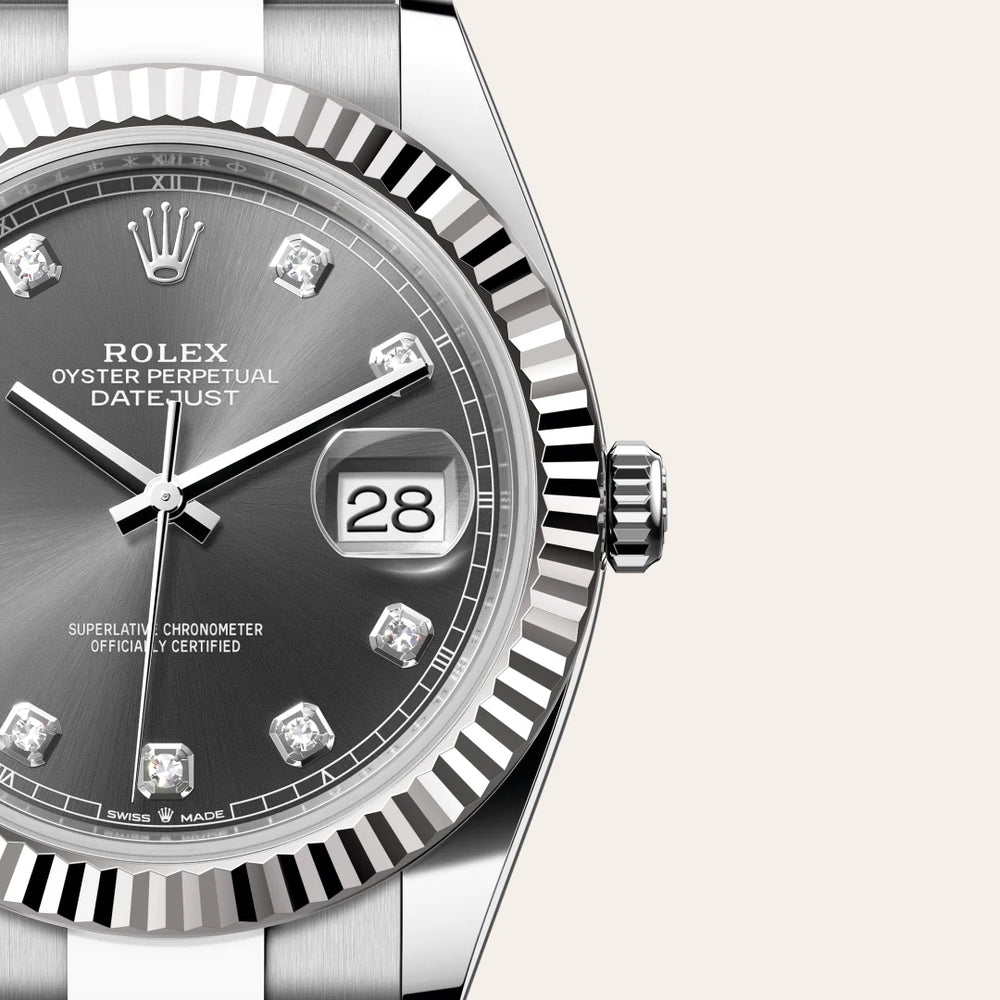 Rolex Datejust 41 in White Rolesor - combination of Oystersteel and white gold with a Slate set with diamonds dial, Fluted bezel, Oyster, three-piece solid links bracelet