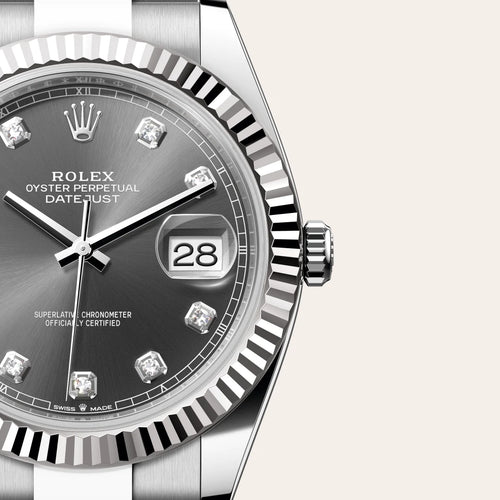 Rolex Datejust 41 in White Rolesor - combination of Oystersteel and white gold with a Slate set with diamonds dial, Fluted bezel, Oyster, three-piece solid links bracelet